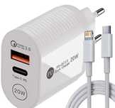 Ładowarka sieciowa 20W 2x USB + USB typ C + kabel 1m do iPhone