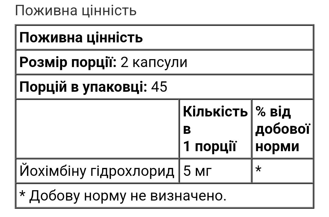 Йохімбін гідрохлорид yohimbine HCI 90 капсул