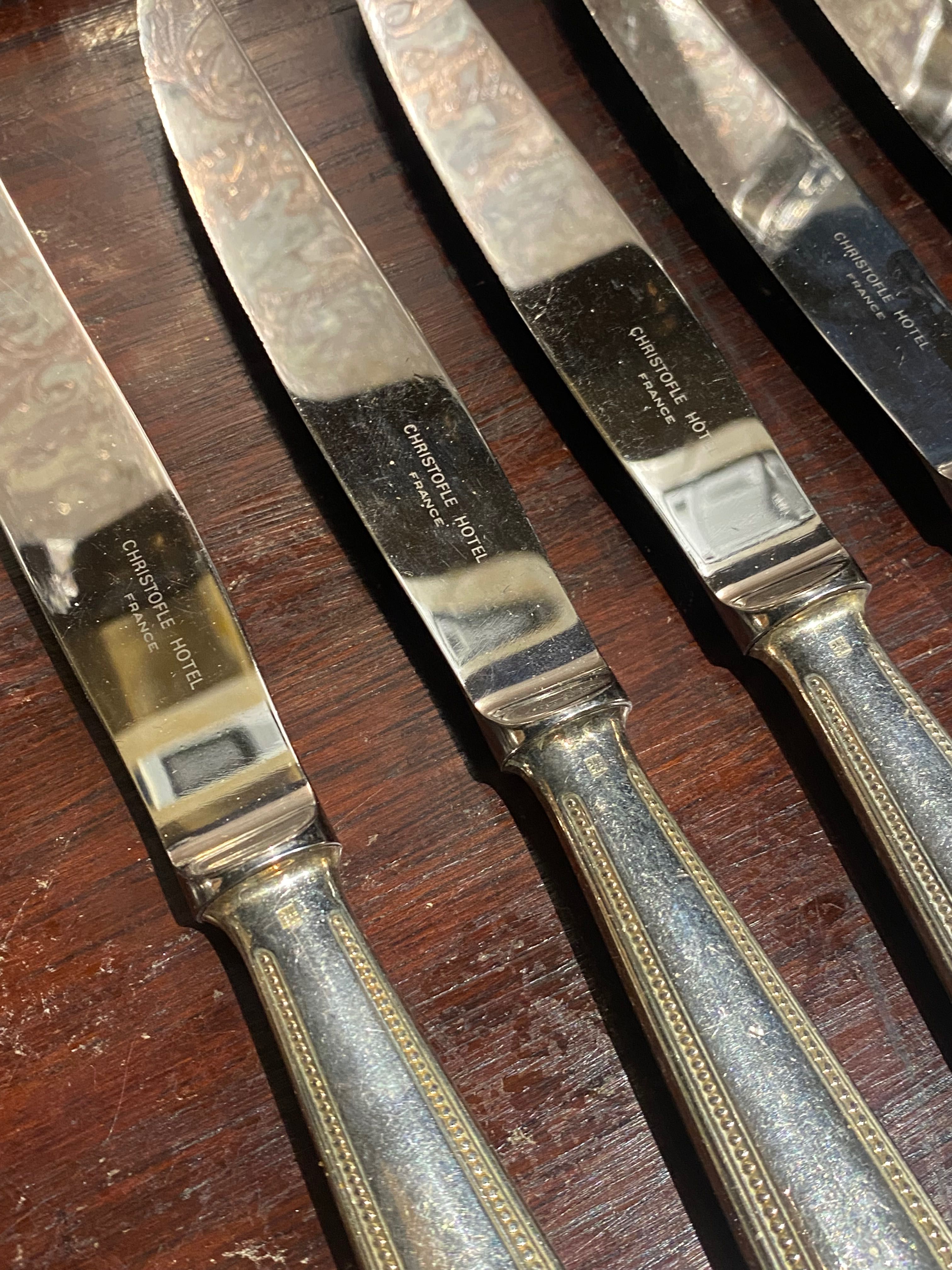 Seis Facas Christofle Banho Prata França 24,2 cm Anos 60