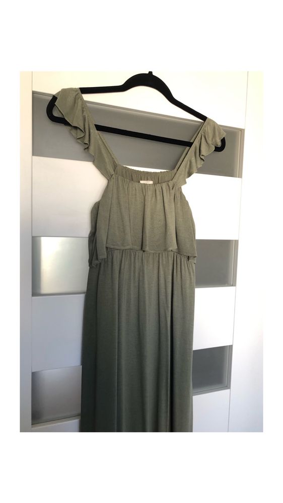 H&m mama sukienka oliwkowa maxi długa khaki falbany hiszpanka s