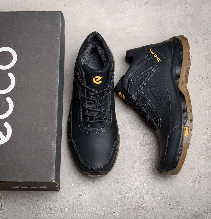 Чоловічі зимові черевики ecco, теплі шкіряні чорні ботінки на зиму
