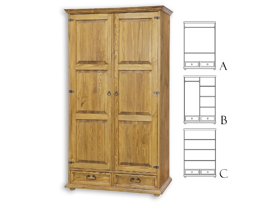 Rustykalna szafa dwudrzwiowa z szufladami, drążek na ubrania