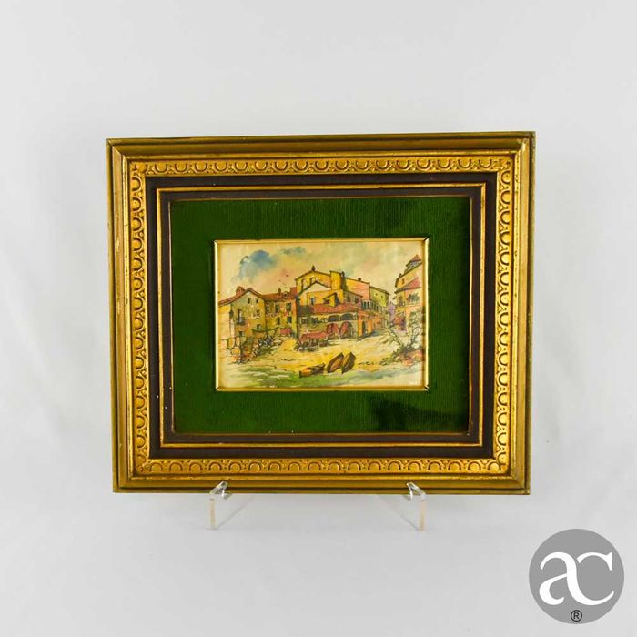 Quadro emoldurado em cromolitografia italiana, com folha de ouro