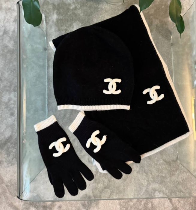 Комплект Ch::nel. Шапка шарф перчатки 100% шерсть