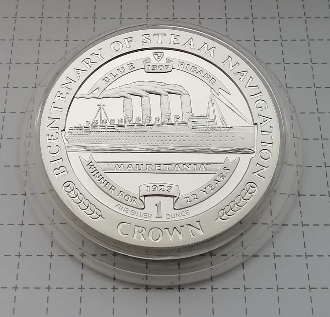 1 Крона Острів Мен 1988р. Срібна монета. Паровий флот. RMS Mauretania.