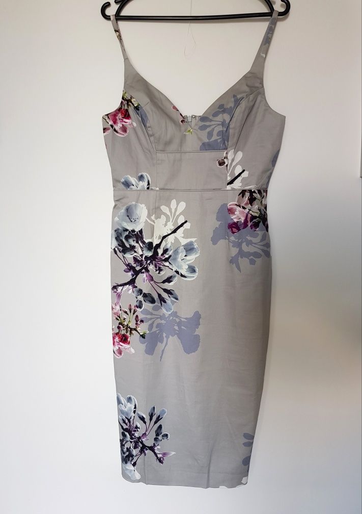 Sukienka midi ołówkowa na ramiączkach w kwiaty szara Asos rozm M.