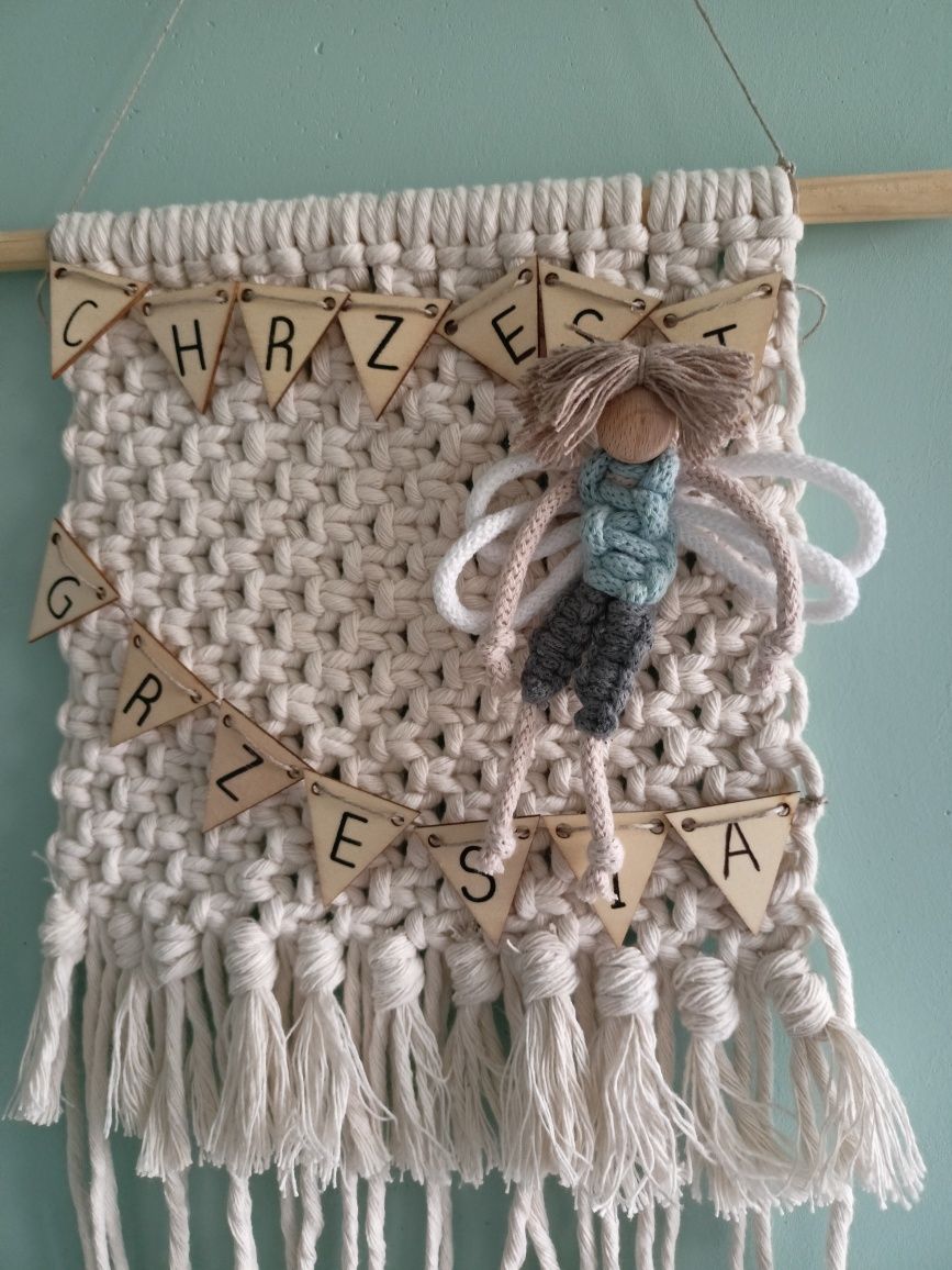 Makrama makatka pamiątka chrztu komunii chrzest boho anioł ze sznurka