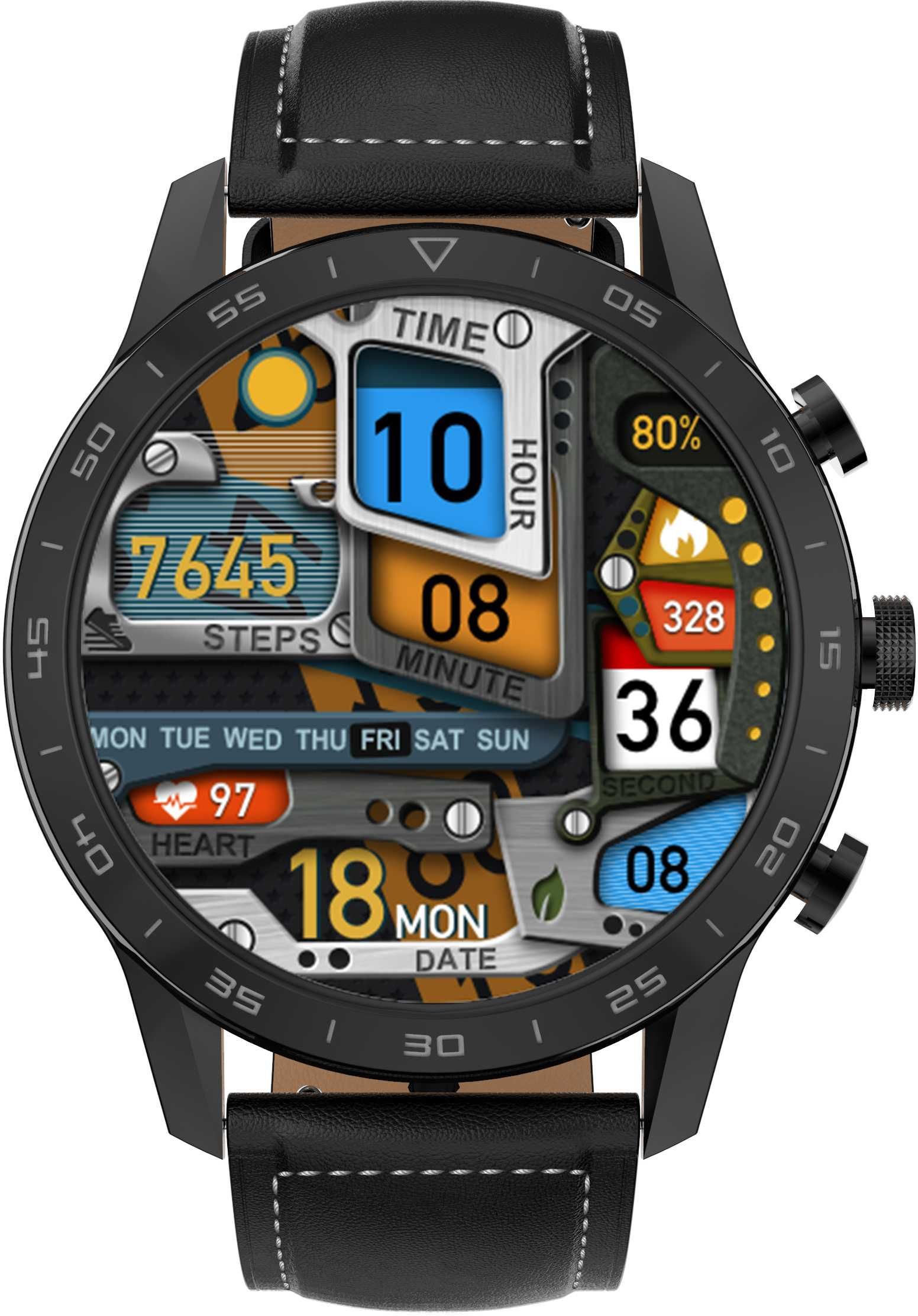 PASEK SKÓRZANY CZARNY (białe przeszycie) 22mm do smartwatcha zegarka
