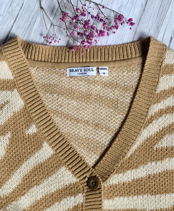 Beżowy kardigan damski zebra Brave Soul oversize miękki sweter L, 40