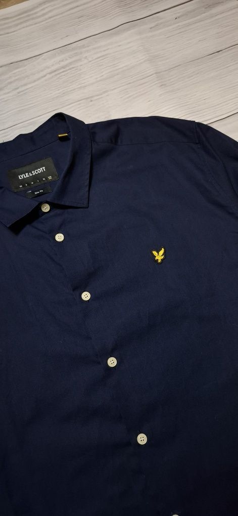 Koszula męska Lyle&Scott, długi rękaw logo premium granatowa elegancka