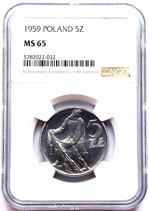 Moneta obiegowa prl 5 zł z rybakiem 1959r MS65
