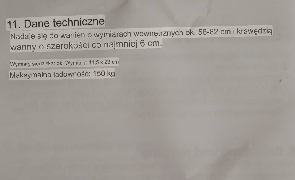 Siedzisko na wannę nowe z Niemiec