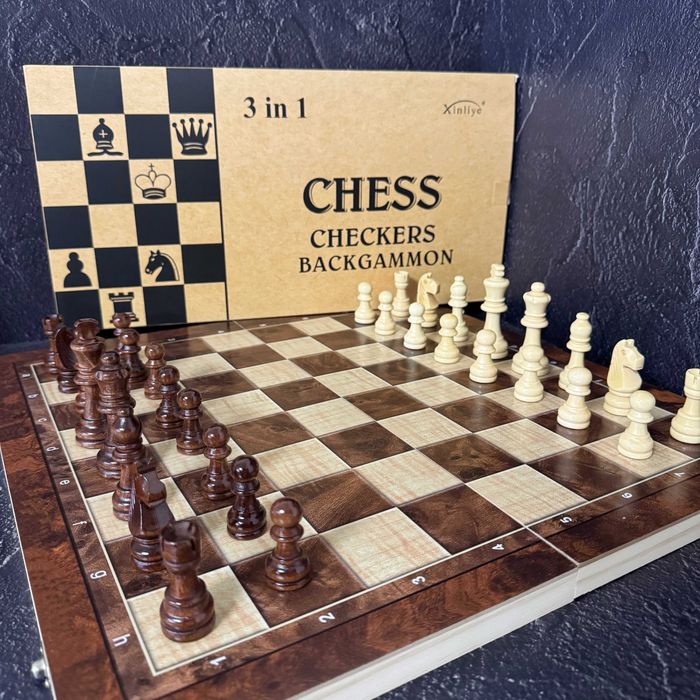 Набор шахматы, шашки, нарды 3 в 1 деревянные 7723 (доска 34x34 см)