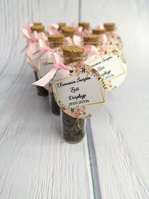 Podziękowanie dla gości buteleczka z herbatką chrzest komunia ślub