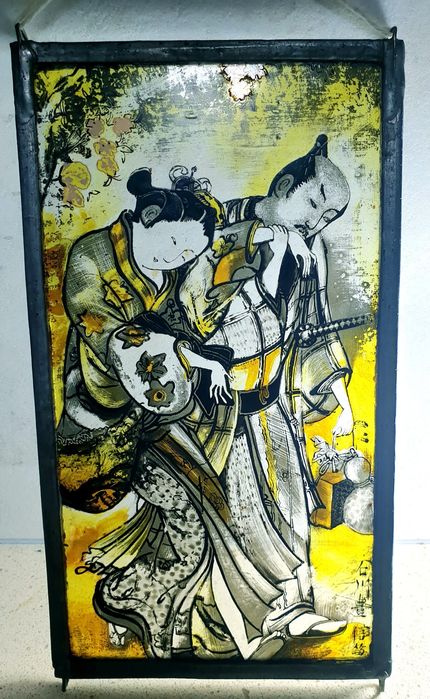 Raro e lindissimo antigo vitral japonês pintado à mão e assinado
