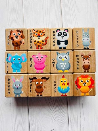 Дитячі дерев'яні кубики Звірятка (набір з 12 кубиків)