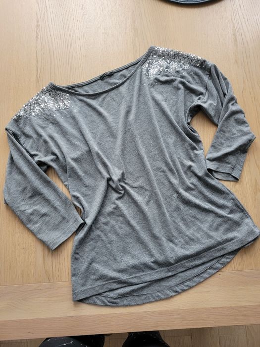 Bluzka damska M szara z cekinami na ramionach rękaw 3/4 luźna