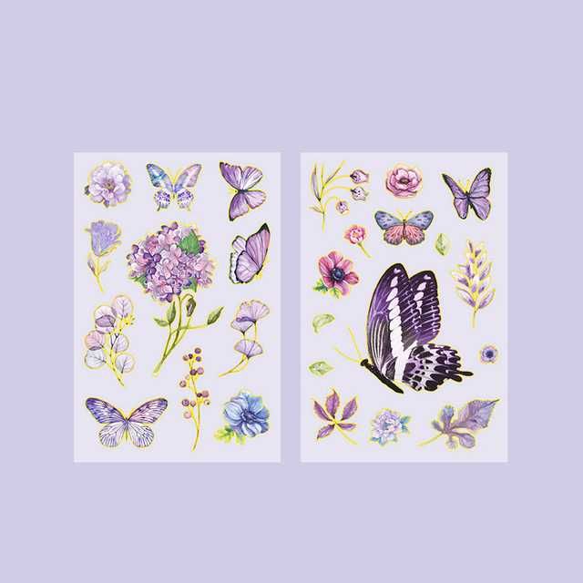 Naklejki do scrapbookingu foliowe, fioletowe motyle i kwiaty