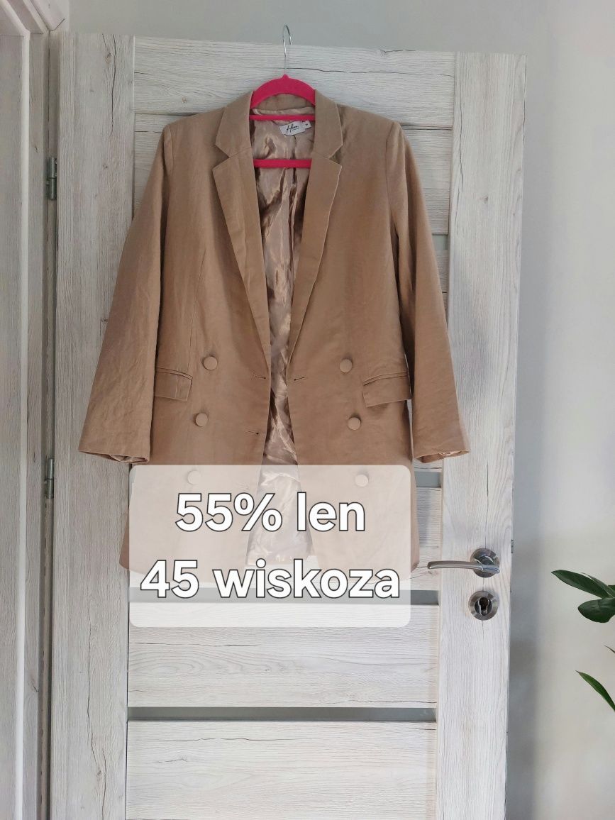 Lniany płaszczyk narzutka marynarka NA-KD S/36, beżowy blazer