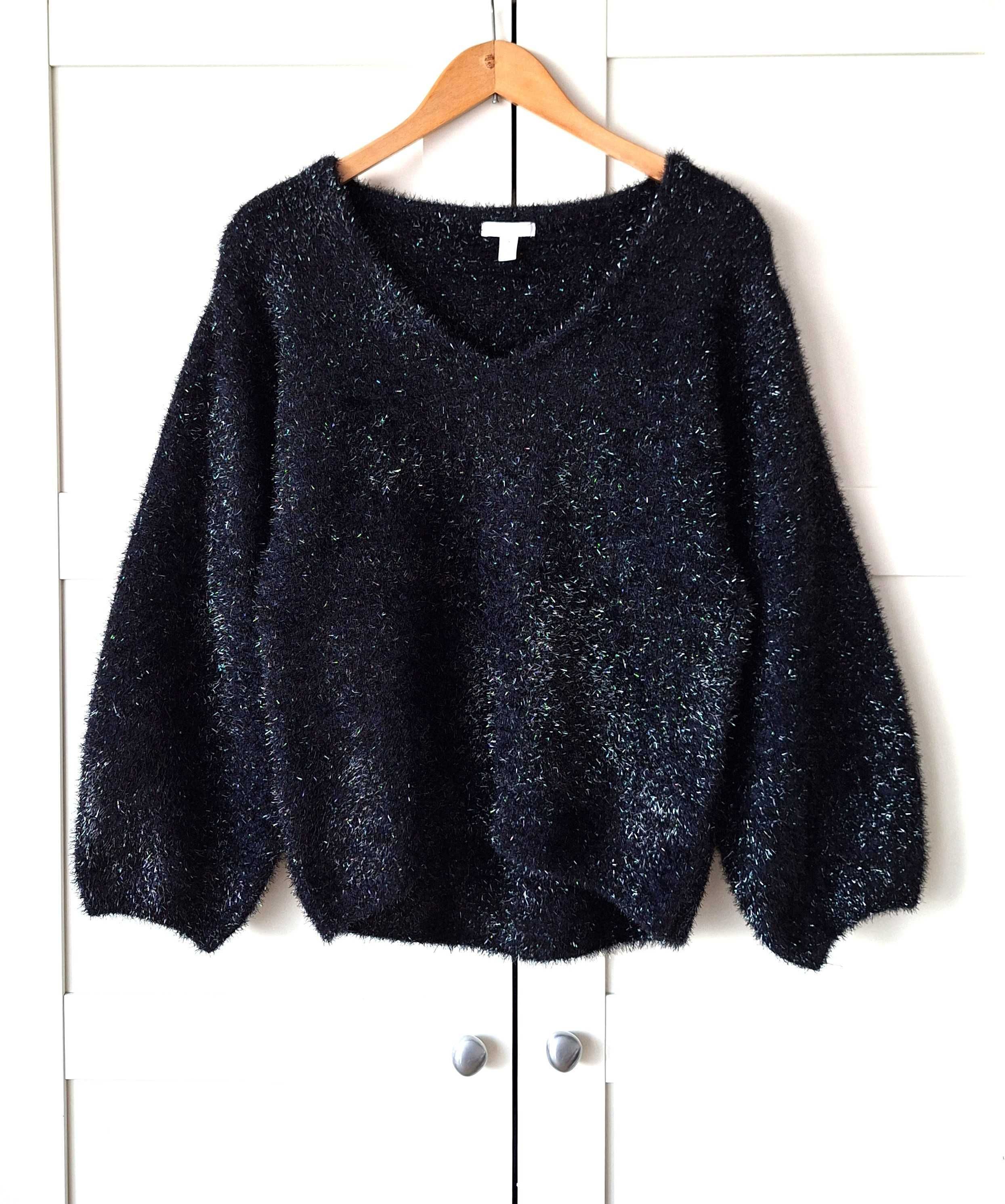 Granatowy Sweter z Nitką Metaliczną H&M Luźny Oversize