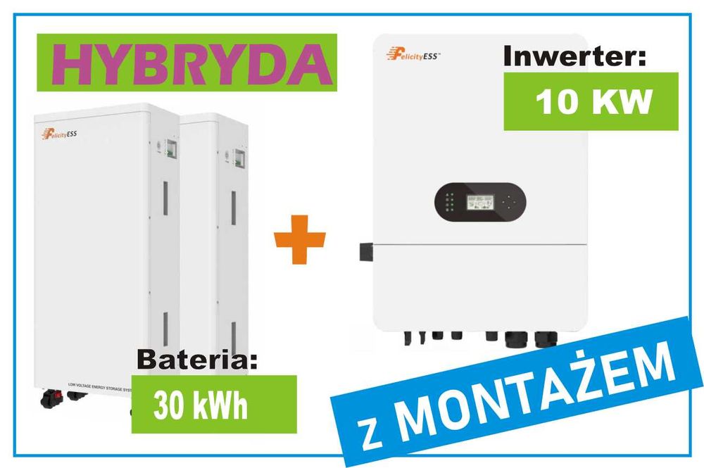 Zestaw, Inwerter hybrydowy 10KW + Magazyn energii 30 KWh z Montażem