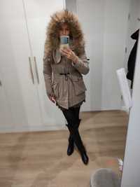 Kurtka, parka, Tiffi, XS, kapturem z naturalnego futra jenota,