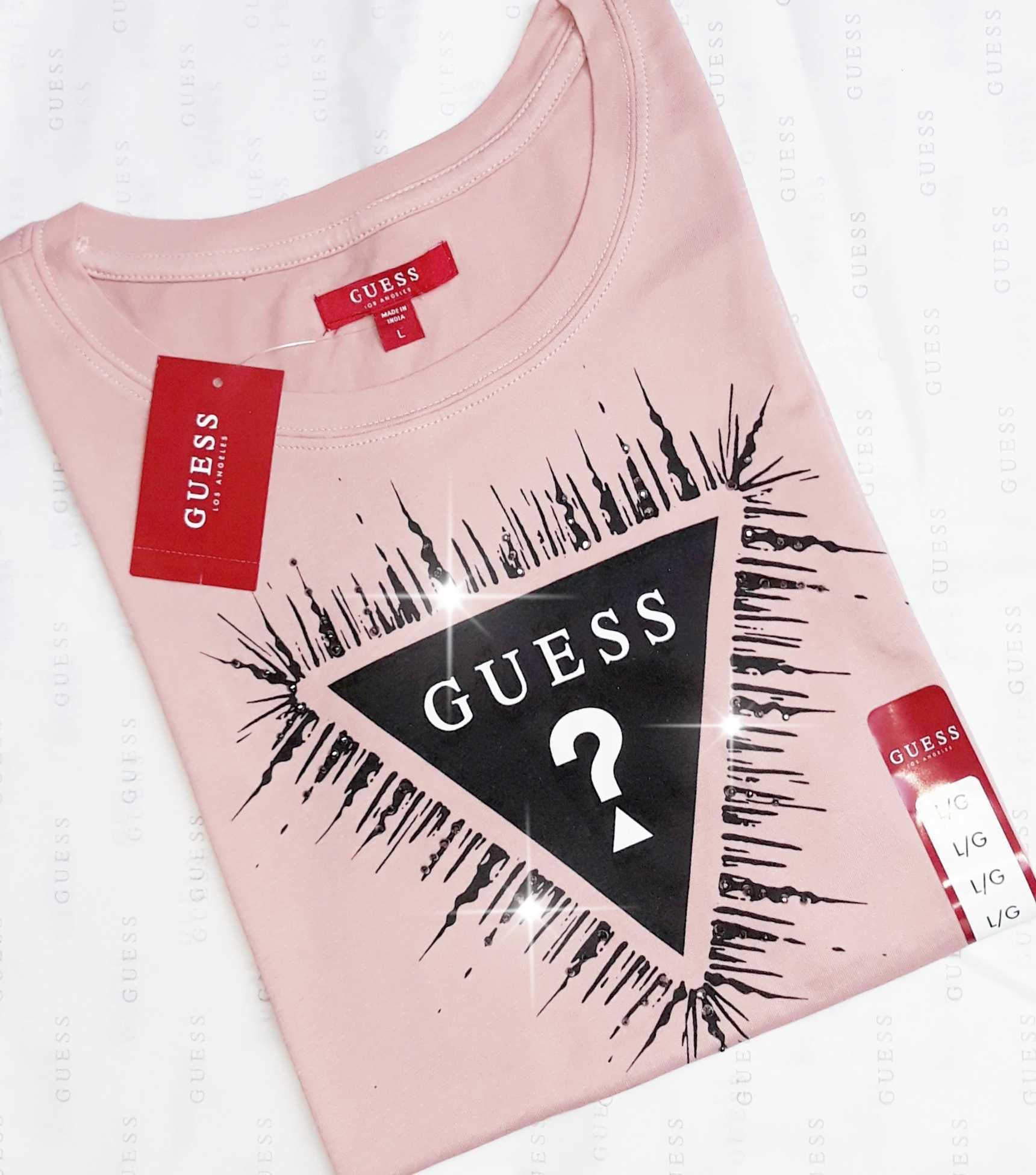 GUESS Oryginalny! Damski T-Shirt Koszulka Bluzka Rozowa & Trojkat