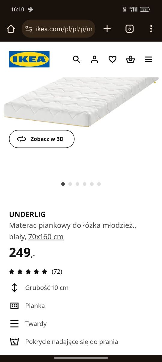 Materac IKEA underlig 70/160