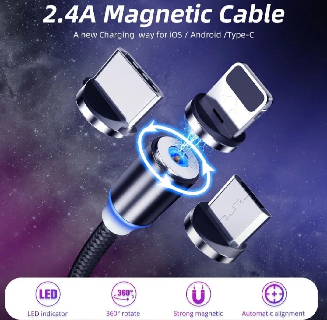 Kabelek magnetyczny do iPhone, typ C oraz mikro