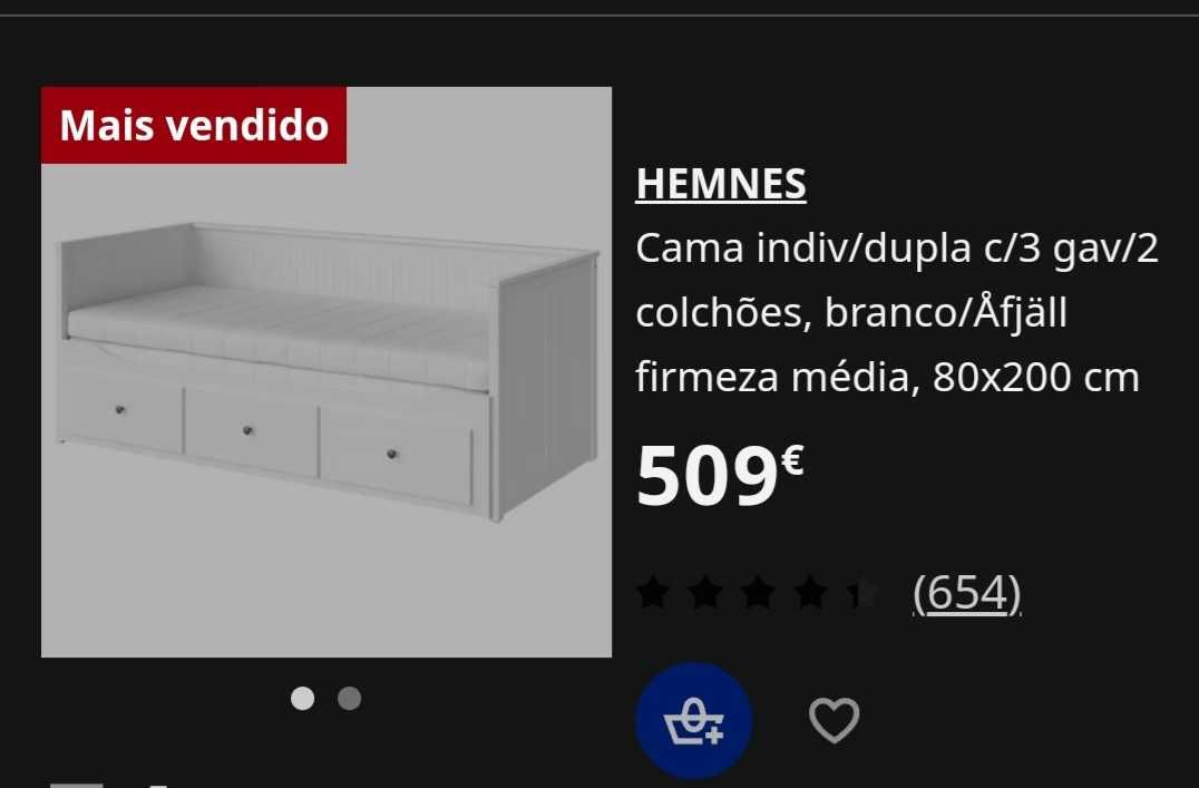 Cama Dupla Hemnes Branca c/ 3 gavetões e c/2 colchões