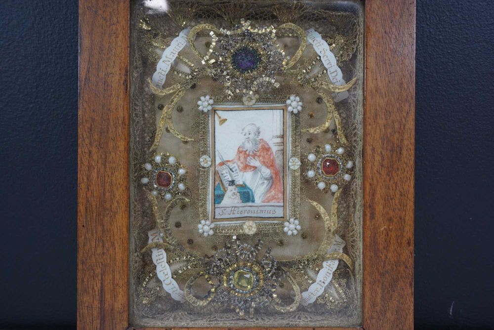 Zabytkowy relikwiarz relikwia rama Św. Hieronim Celestyn Bonifacy