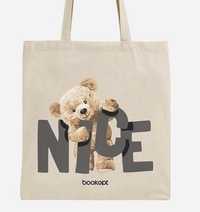 • Женская бежевая эко шопер сумка на плечё, шоппер с мишкой