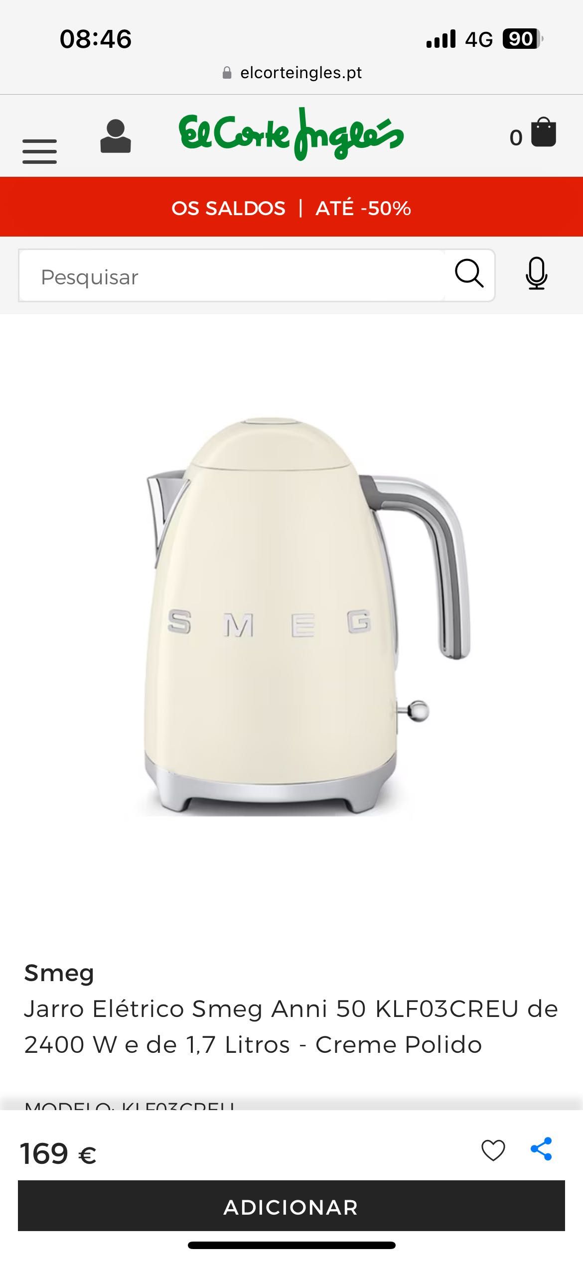 Chaleira SMEG 2400 W e 1,7 Litros - Creme Polido