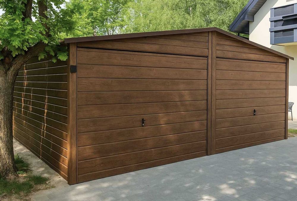 Garaż blaszany 6x5,8 drewnopodobny dwustanowiskowy dwuspadowy