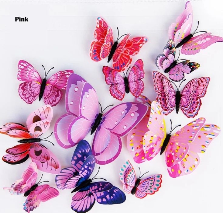 Набор из 12 розовых бабочек на магнитах
