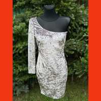 Sukienka asymetryczna na jedno ramie szara srebrna S 36 długi rękaw