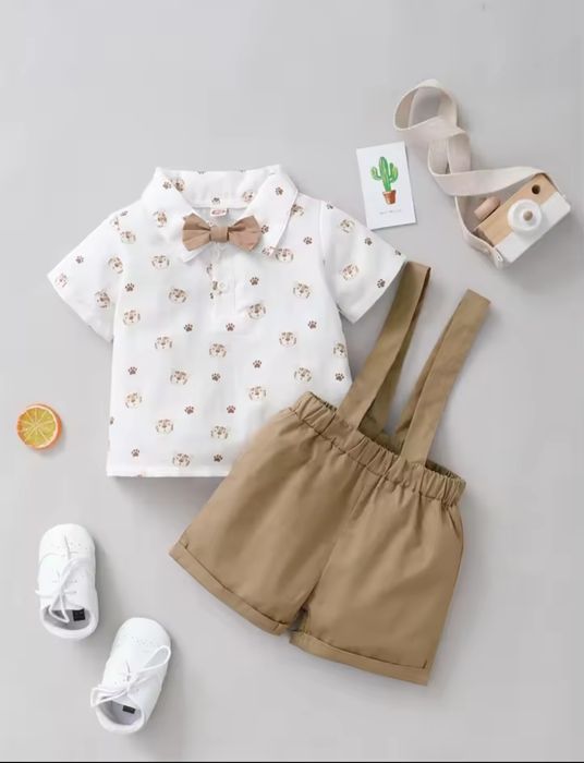 Śliczny komplet 2 częściowy chłopiec chrzest lato rozm 62-68