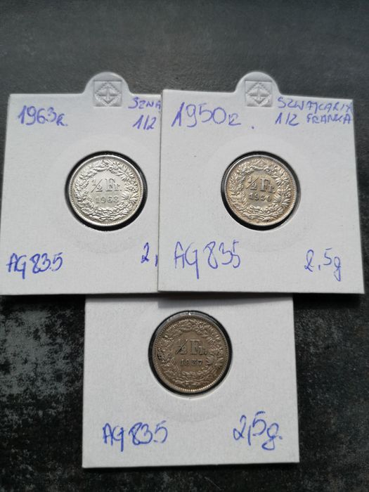 3 x 1/2 franka Szwajcaria 1950, 57,63 r. Srebro Ładne