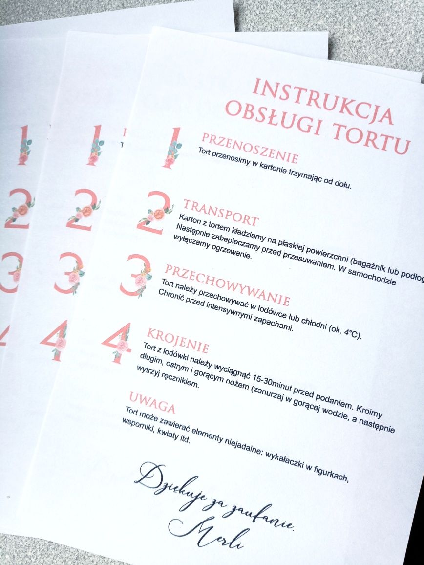 Instrukcja obsługi tortu krojenia etykieta naklejka A5