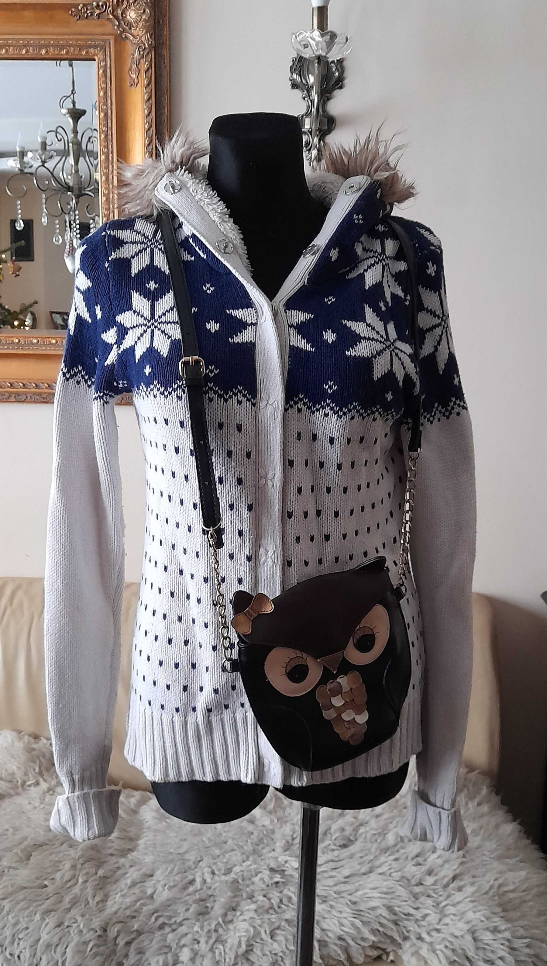 śliczny KARDRIGAN wzór NORWESKI H&M r. S/M sweter rozpinany stan BDB