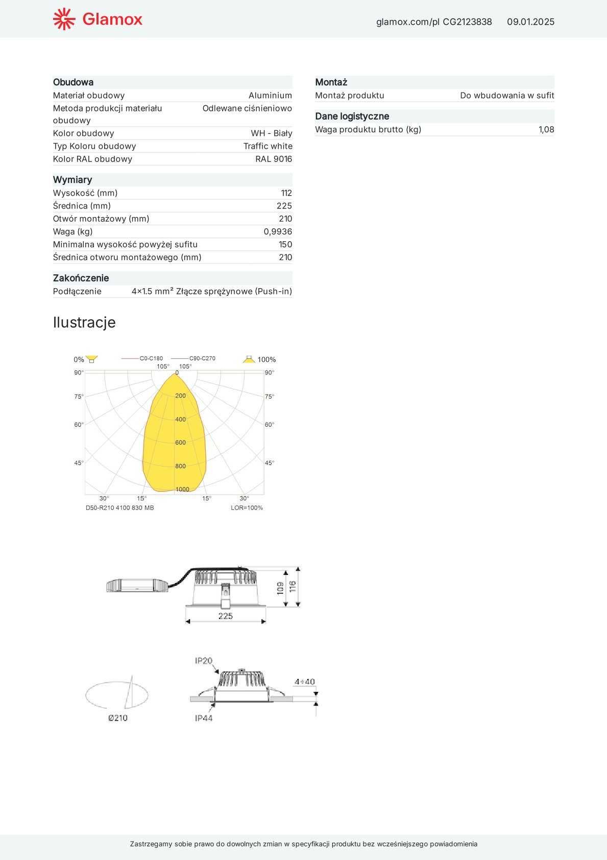 Oprawa LED Downlight GLAMOX D50-R210 WH 4100 DALI 830 MB