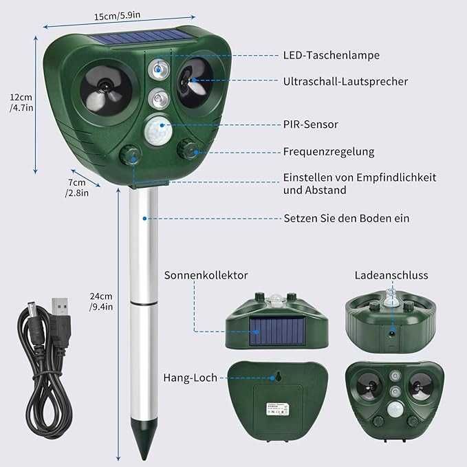 Solarny ultradźwiękowy odstraszasz zwierząt zewnętrzny IP66 LED 451