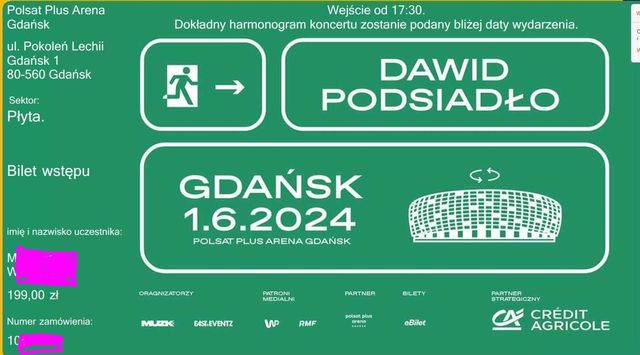 Dwa bilety David Podsiadło, 1.06.2024, Gdańsk - płyta! POLECAM!!!