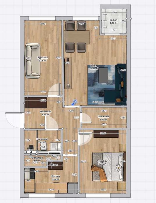 Trzypokojowe mieszkanie z balkonem oraz garderobą