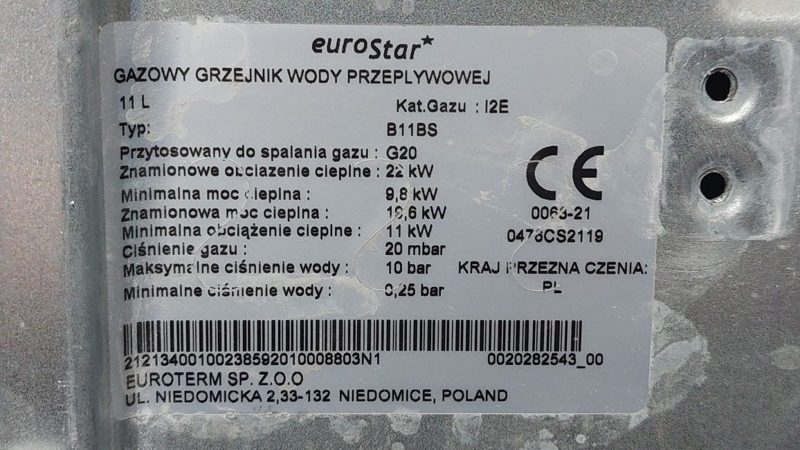 Zespół wodno gazowy do piecyka gazowego EURO STAR B 11BS