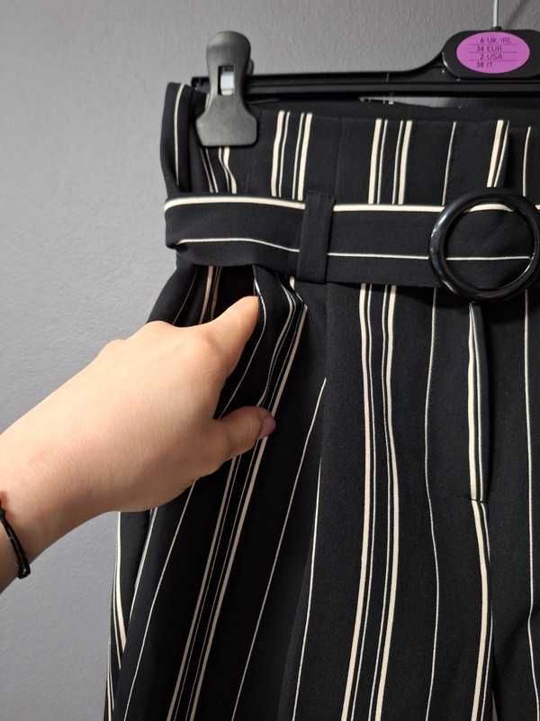 Spodnie w paski, z ozdobnym paskiem, high waist, 36 8 S