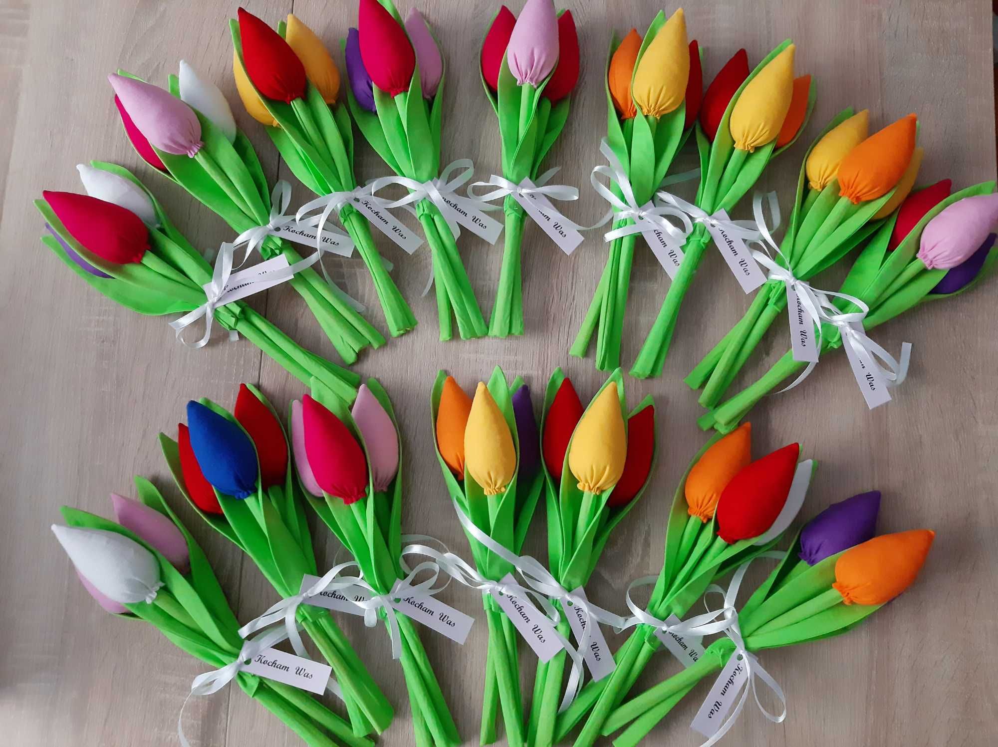Dzień Matki tulipany ręcznie szyte bilecik, wstążeczka, folia