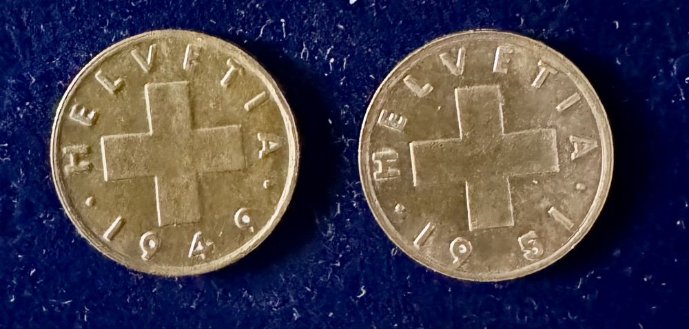 1 rappen em bronze 1949 e 1951