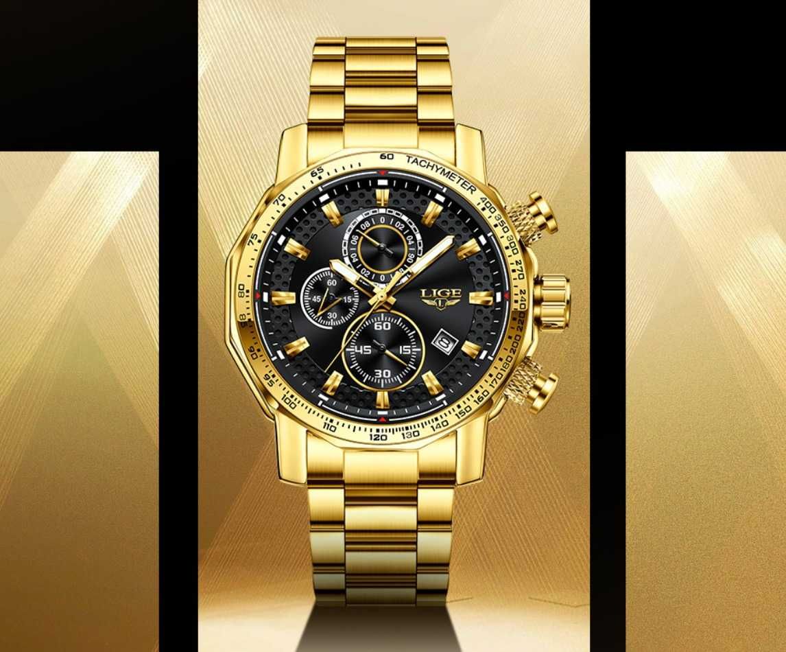 Relógio Luxuoso Masculino LIGE bracelete metal dourado (Novo)
