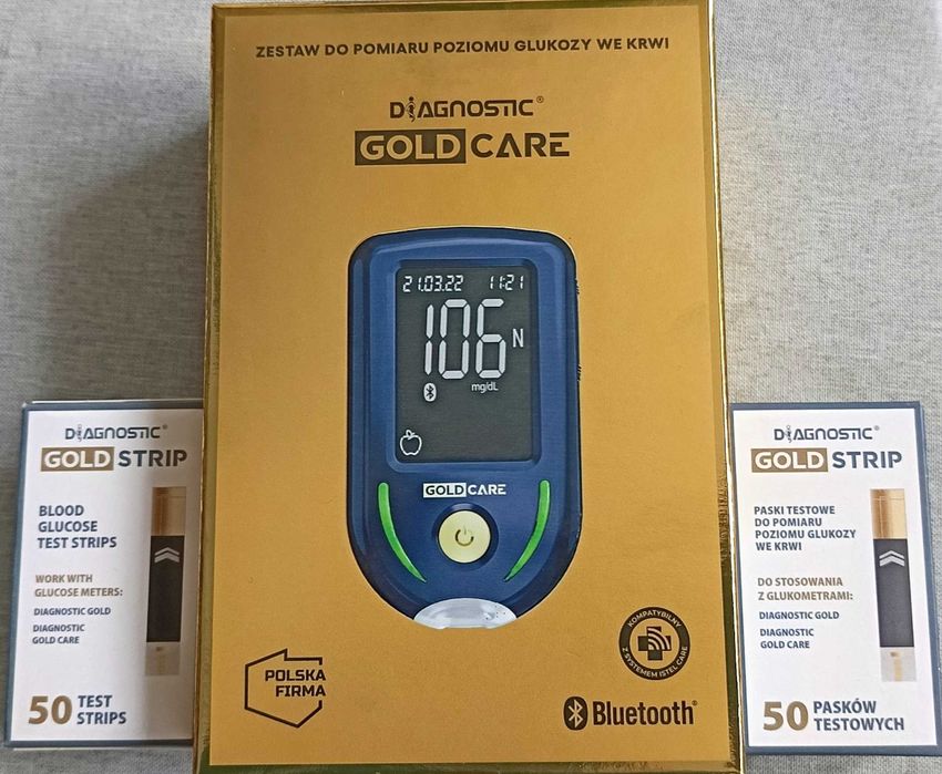 Glukometr DIAGNOSTIC GOLD CARE "Bluetooth"+ 2x50 szt pasków gratis POL